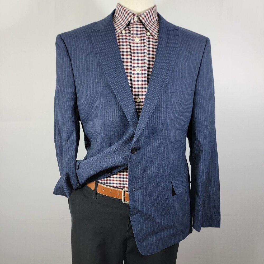 Tallia Men's Sport‎ Coat Blazer Two Button Navy Striped Wool Peak Size 44R